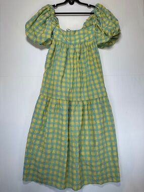 Zara Gingham Maxi Dress Yellow Blue Puff Sleeve Tiered Back Tie Size M